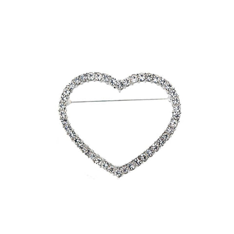Rhinestone Heart Brooch Pin - Small (3.4 x 2.7cm), Silver Tone