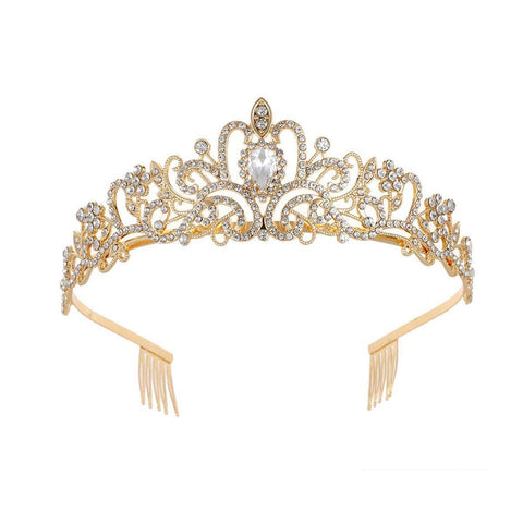Rhinestone Princess Crown Headband with Side Combs - Gold and White