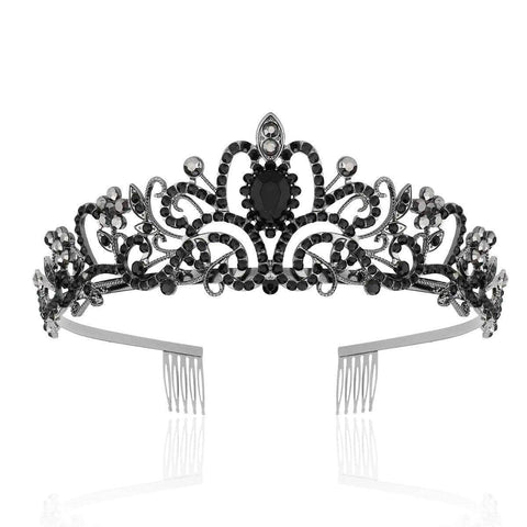 Rhinestone Princess Crown Headband with Side Combs - Silver and Black
