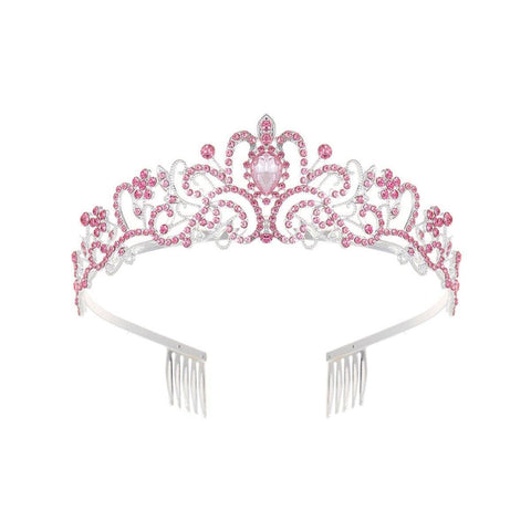 Rhinestone Princess Crown Headband with Side Combs - Silver and Pink