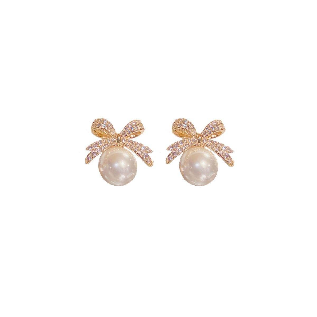 Ribbon Bow Earrings with Imitation Pearl - Champagne