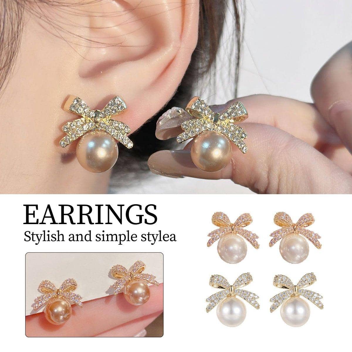 Ribbon Bow Earrings with Imitation Pearl - Champagne - view 2