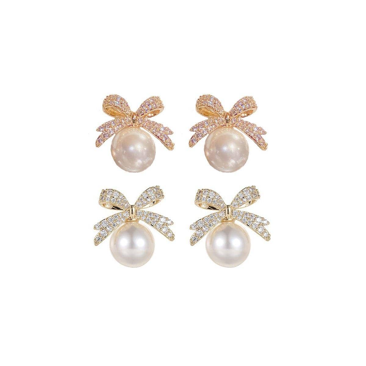 Ribbon Bow Earrings with Imitation Pearl - Champagne - view 3