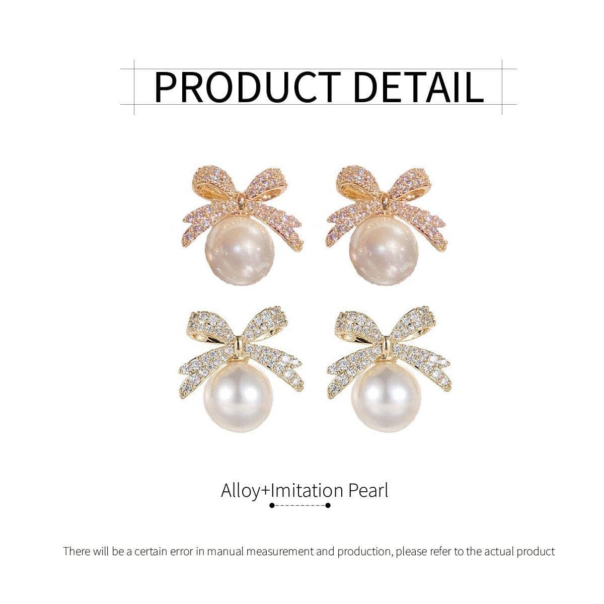 Ribbon Bow Earrings with Imitation Pearl - Champagne - view 4