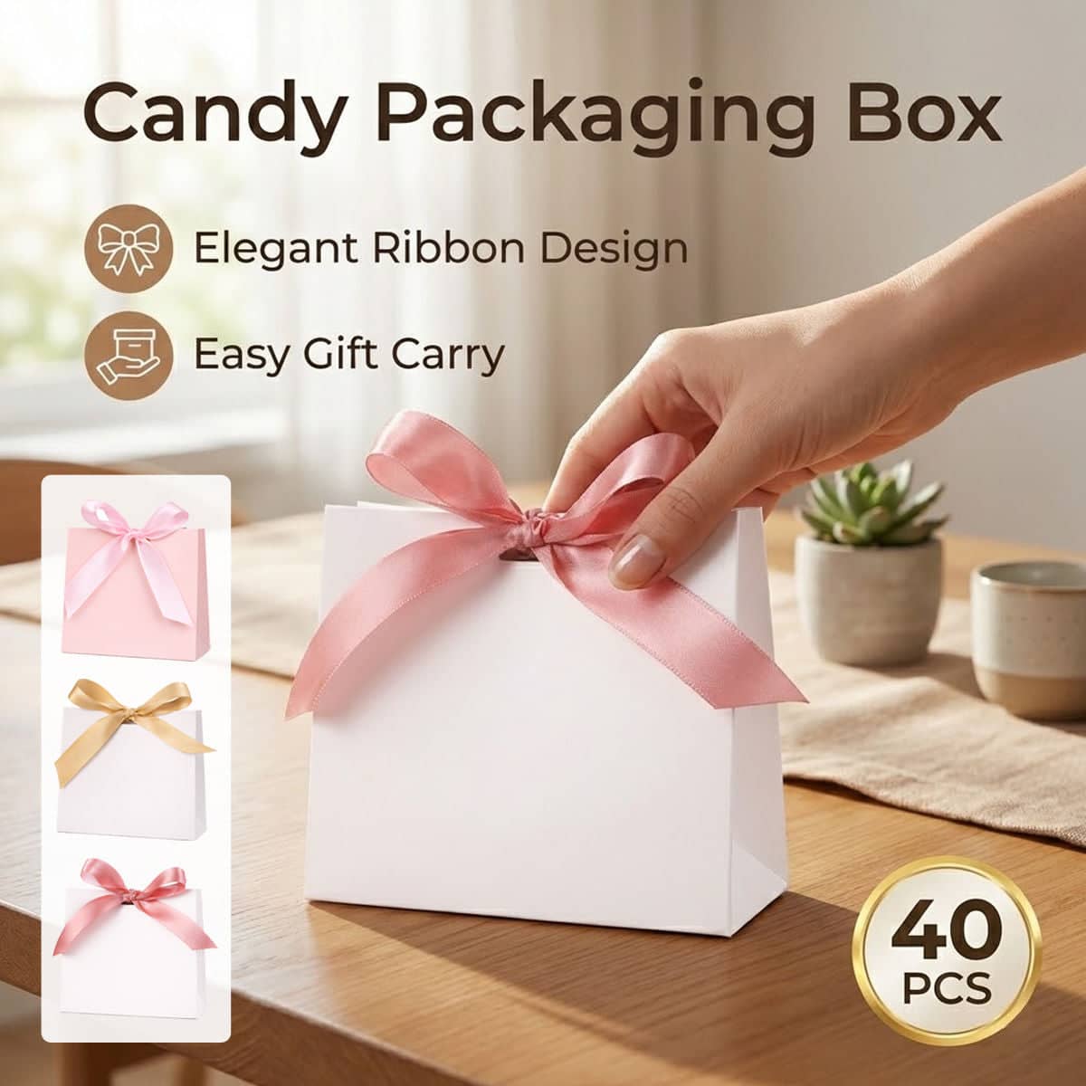 Ribbon Candy Favour Boxes - White with Pink Ribbon, Pack of 40 - view 2