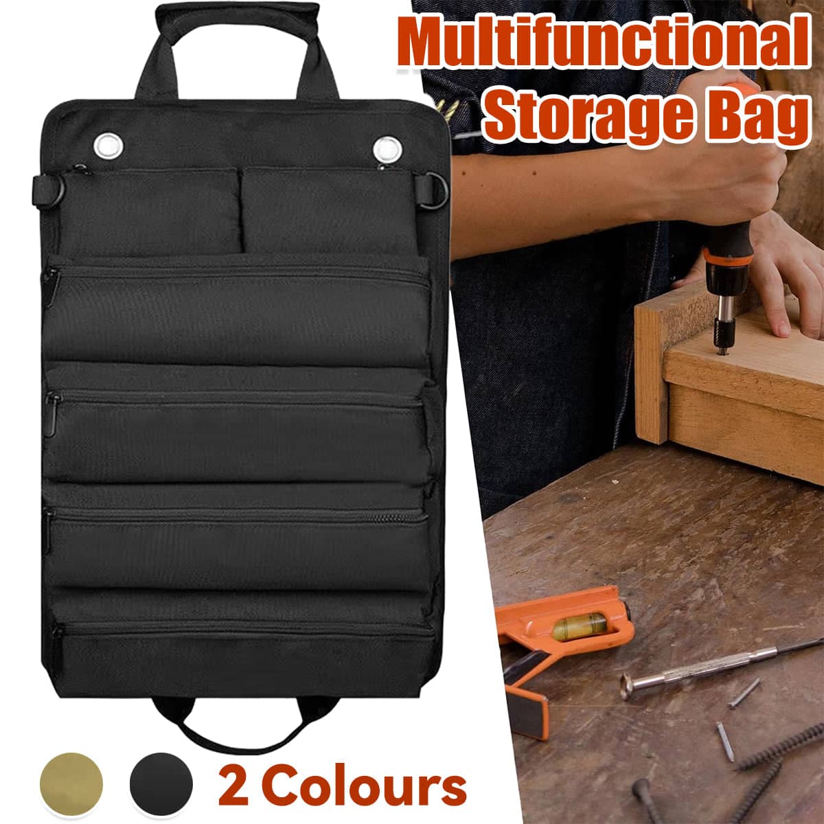 Roll-Up Car Tool Bag with Zip Pockets, Durable Oxford Fabric - Black - view 2