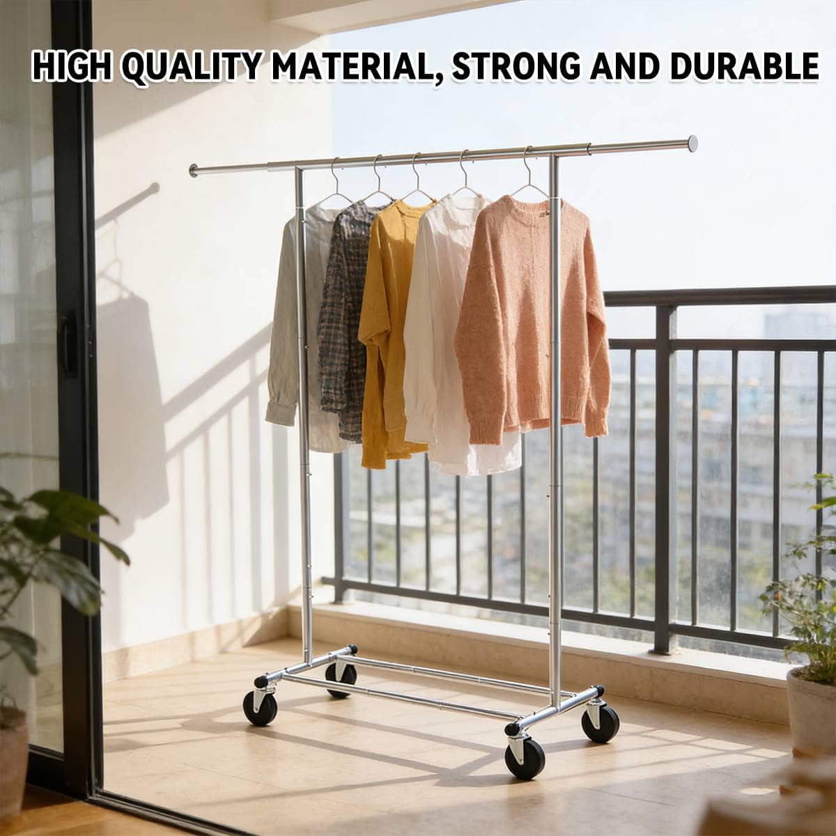 Rolling Chrome Clothes Drying Rack with Extending Top Rail and Casters - view 4