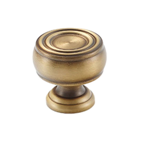 Round Cabinet Knob, Antique Brass Finish - Rounded Body with Ringed Top, Diameter 20 mm