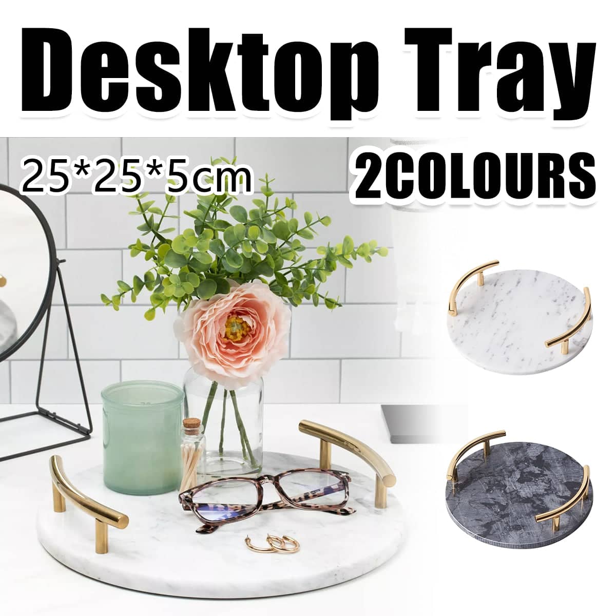 Round Marble Desktop Tray with Gold Handles for Fruit and Decor - White - view 2