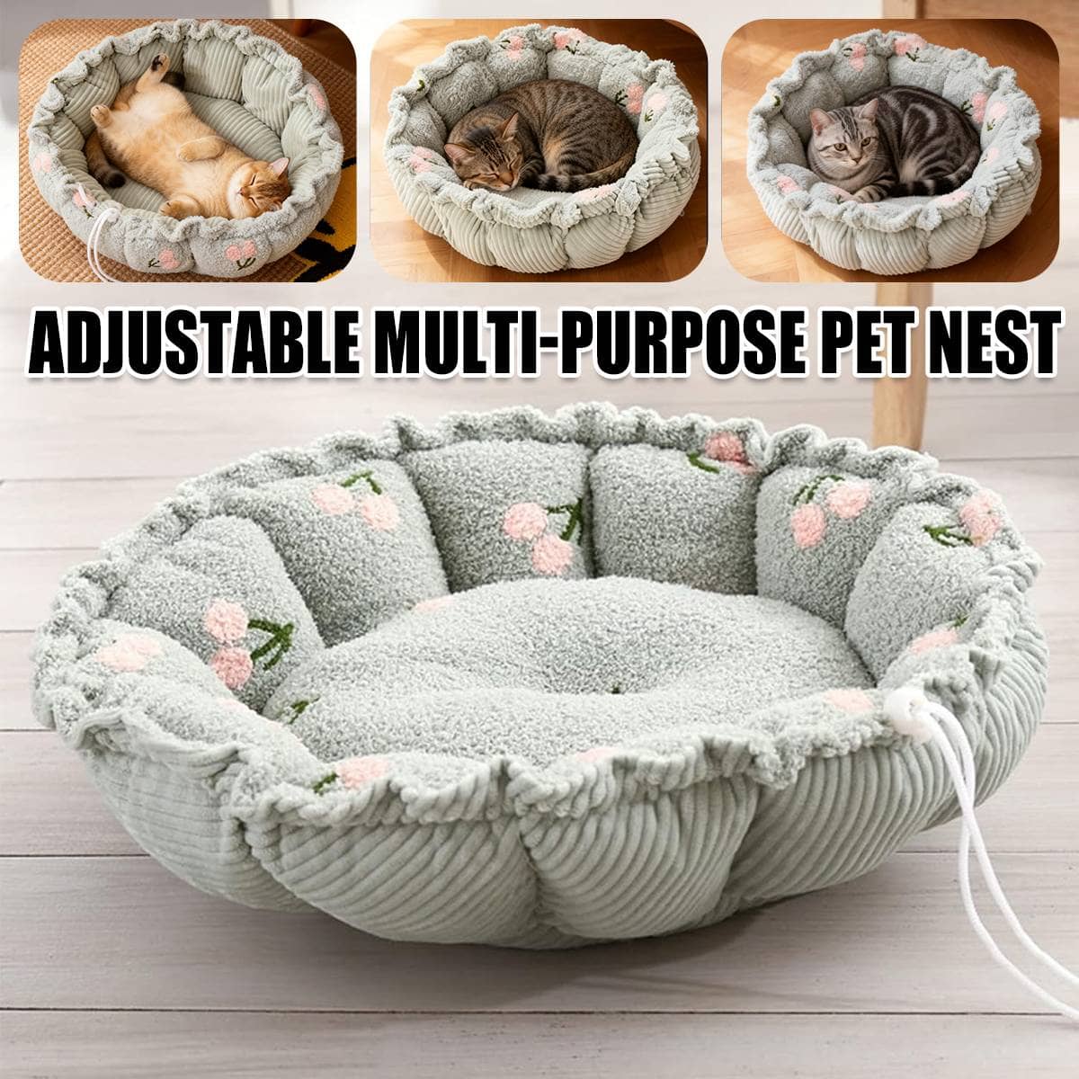 Round Plush Pet Bed with Adjustable Drawstring Nest - Light Green