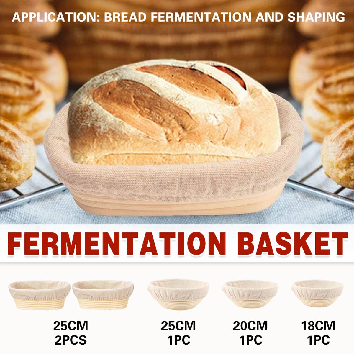 Round Rattan Bread Proofing Basket with Linen Cloth Cover - 25 cm - view 2