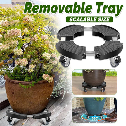 Round Retractable Plant Pot Tray with Swivel Wheels, Adjusts 40 to 48 cm - Black