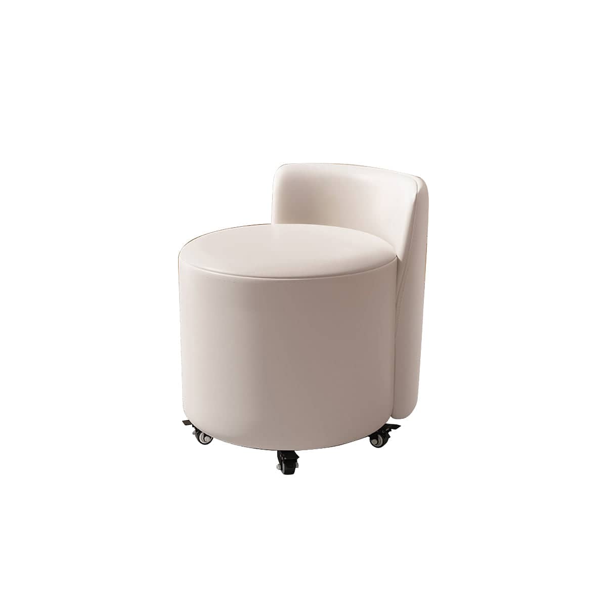 Round Rolling Stool with Backrest and Braked Casters, Nappa Leather - Beige