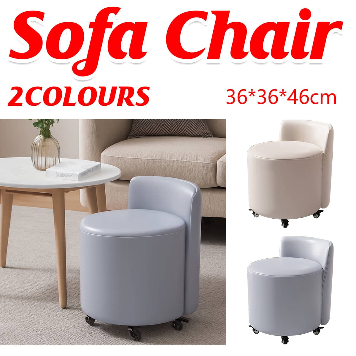 Round Rolling Stool with Backrest and Braked Casters, Nappa Leather - Beige - view 2