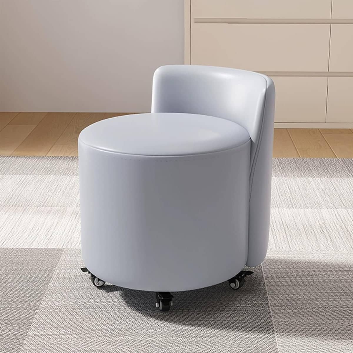 Round Rolling Stool with Backrest and Braked Casters, Nappa Leather - Beige - view 5