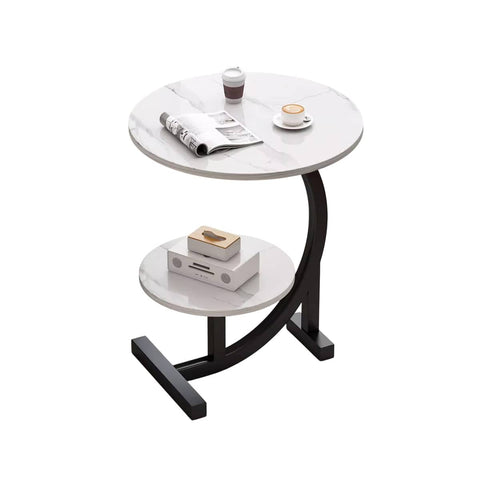 Round Side Table with Shelf and Marble Pattern Top - White