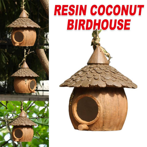 Rustic Resin Coconut Hanging Bird House for Garden Trees