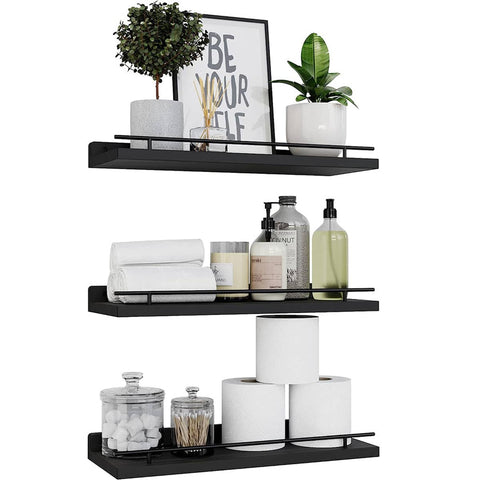 Rustic Wooden Floating Wall Shelves Set of 3 for Bathroom and Bedroom - Black