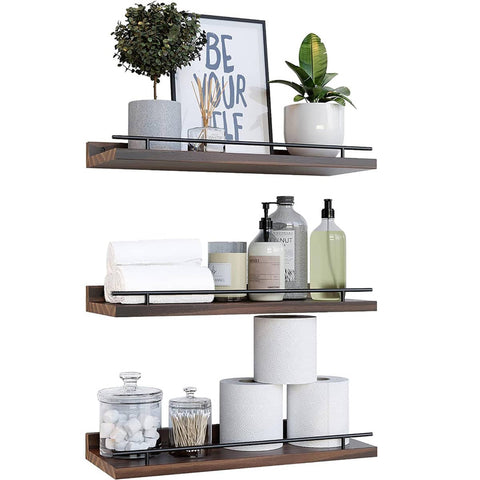 Rustic Wooden Floating Wall Shelves Set of 3 for Bathroom and Bedroom - Brown