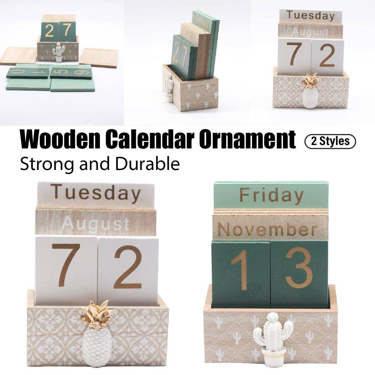 Rustic Wooden Perpetual Desk Calendar with Flip Blocks, Pineapple Design - view 2