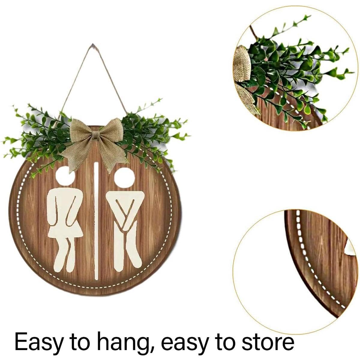 Rustic Wooden Toilet Sign with Faux Greenery and Burlap Bow, 23 cm - view 5