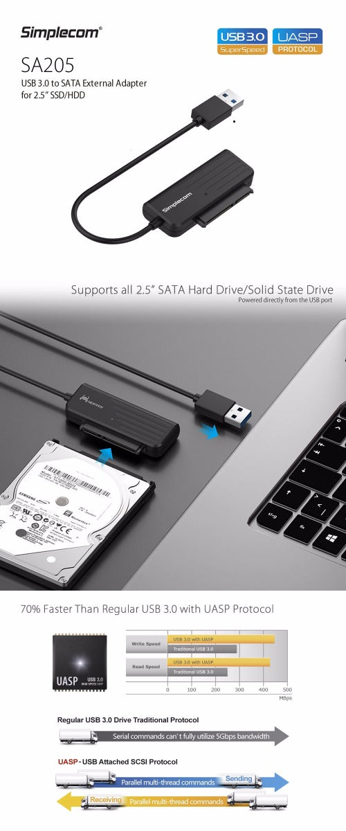 Simplecom SA205 Compact USB 3.0 to SATA Adapter Cable Converter for 2.5" SSD/HDD - SuperSaverAU - view 4
