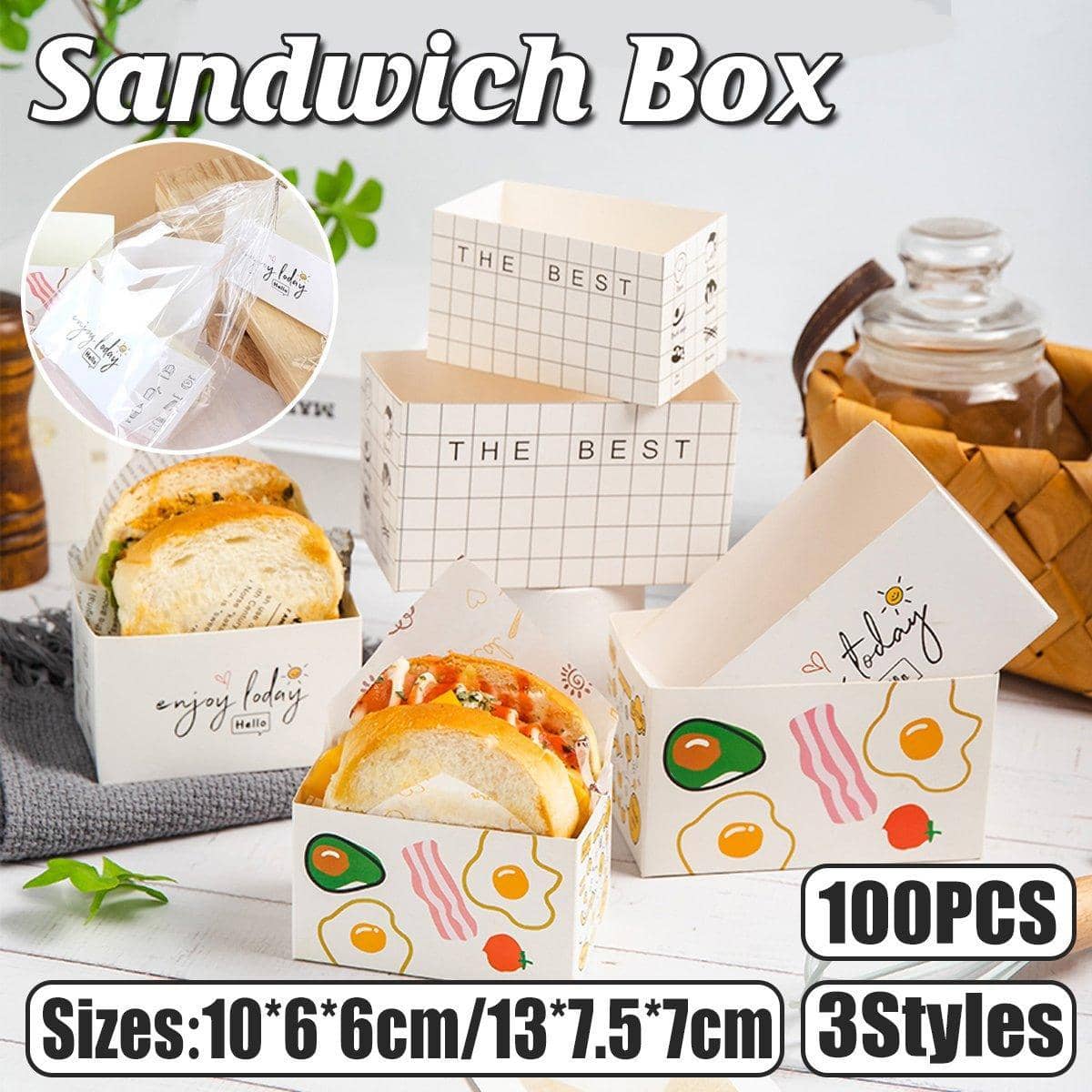 Sandwich Packaging Boxes, Pack of 100 - Enjoy Today, Large (13 x 7.5 x 7 cm), Box Only - view 2