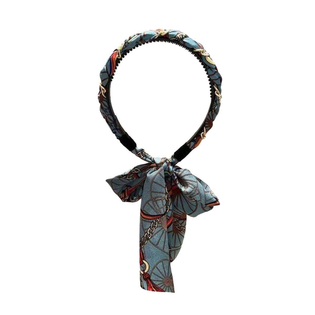 Satin Chain Print Headband with Long Scarf Tail - Blue