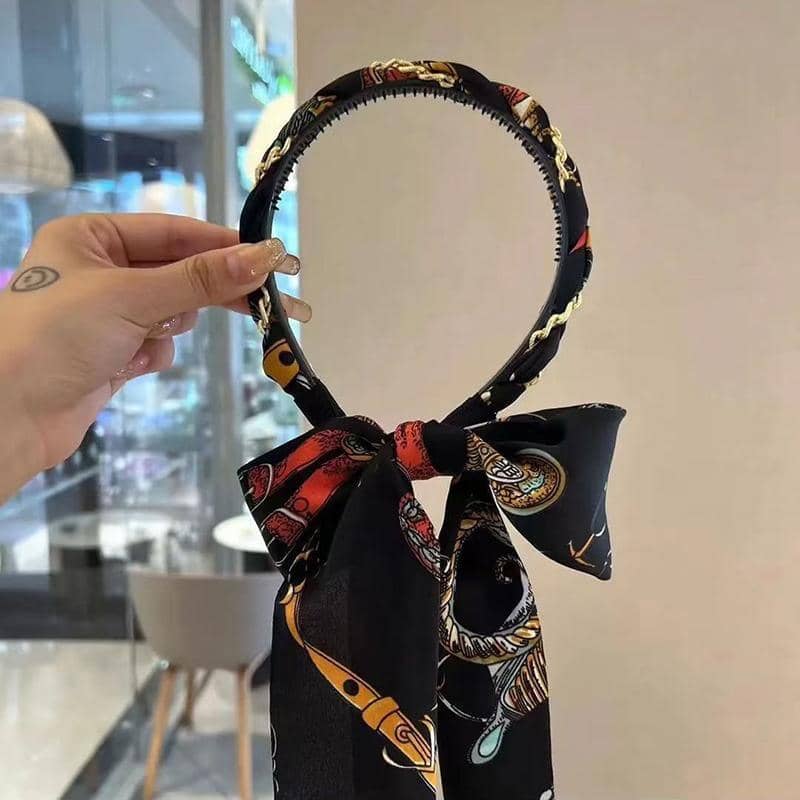 Satin Chain Print Headband with Long Scarf Tail - Blue - view 5