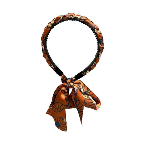 Satin Chain Print Headband with Long Scarf Tail - Orange
