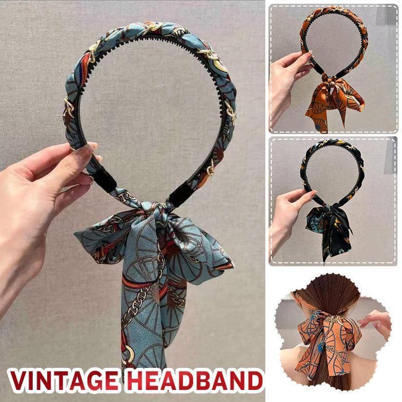 Satin Chain Print Headband with Long Scarf Tail - Orange - view 2