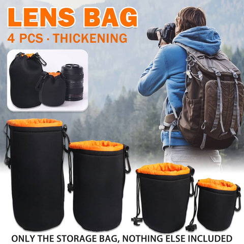 Set of 4 Neoprene Camera Lens Pouches for DSLR and Mirrorless Lenses - Black with Orange Lining