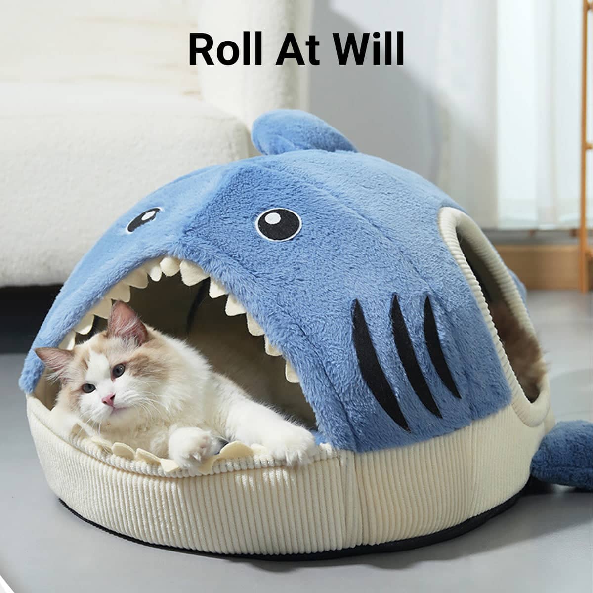 Shark Cat Bed Cave for Cats and Small Dogs - Blue - view 5