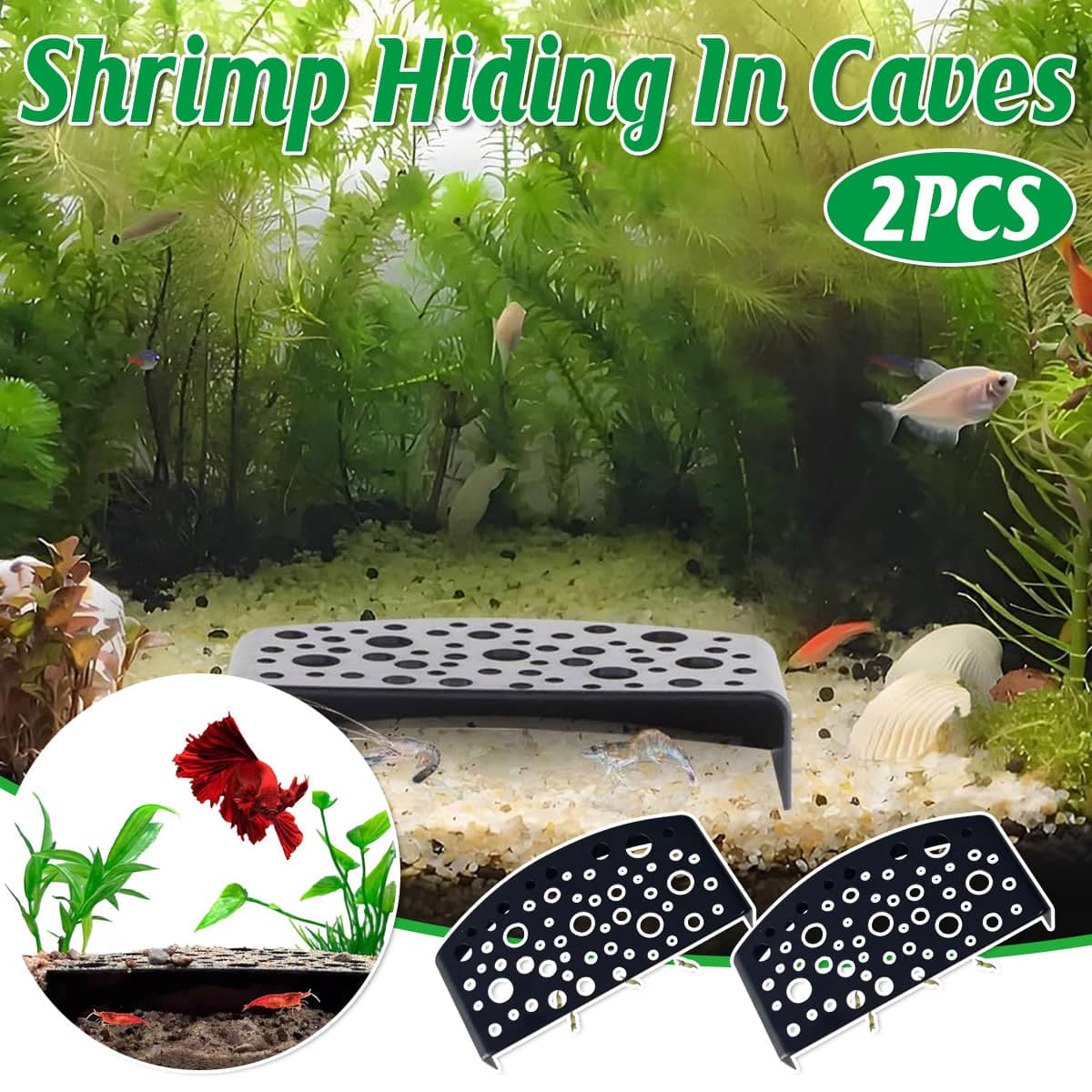 Shrimp Hiding Cave Shelter Set of 2, Black Plastic Aquarium Decoration for Fish Tanks