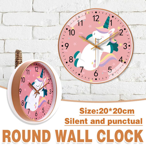 Silent Round Wall Clock 8 Inch (20 cm), Unicorn Design Quartz Clock for Bedroom and Classroom