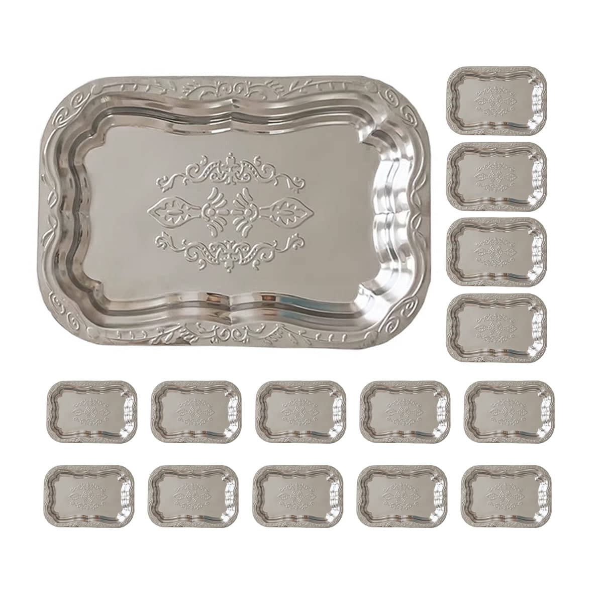 Silver Embossed Stainless Steel Decorative Trays, Pack of 15 - view 2