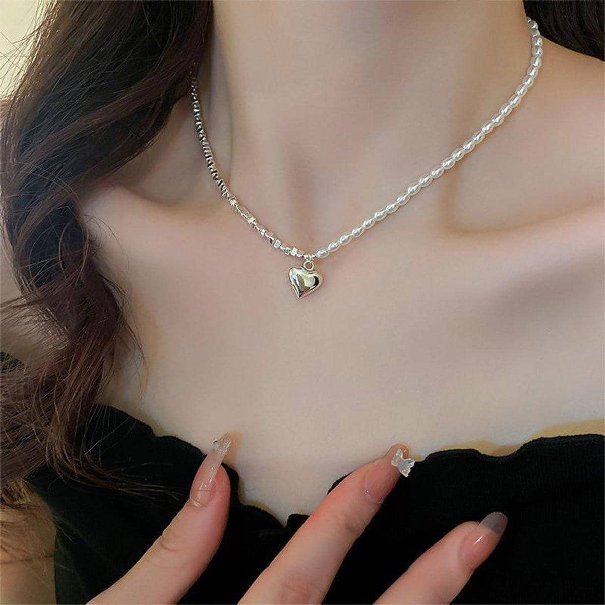 Silver Heart Pendant Necklace with Faux Pearls, Gift Jewellery - view 4