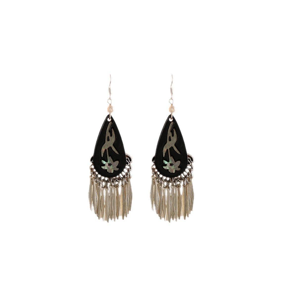 Silver Tassel Fringe Earrings for Women - Black Teardrop with Leaf Fringe
