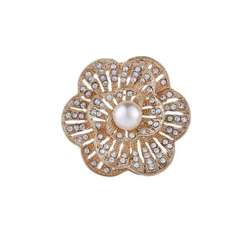 Simulated Pearl Brooch Pin - Layered Rhinestone Flower with Openwork Petals