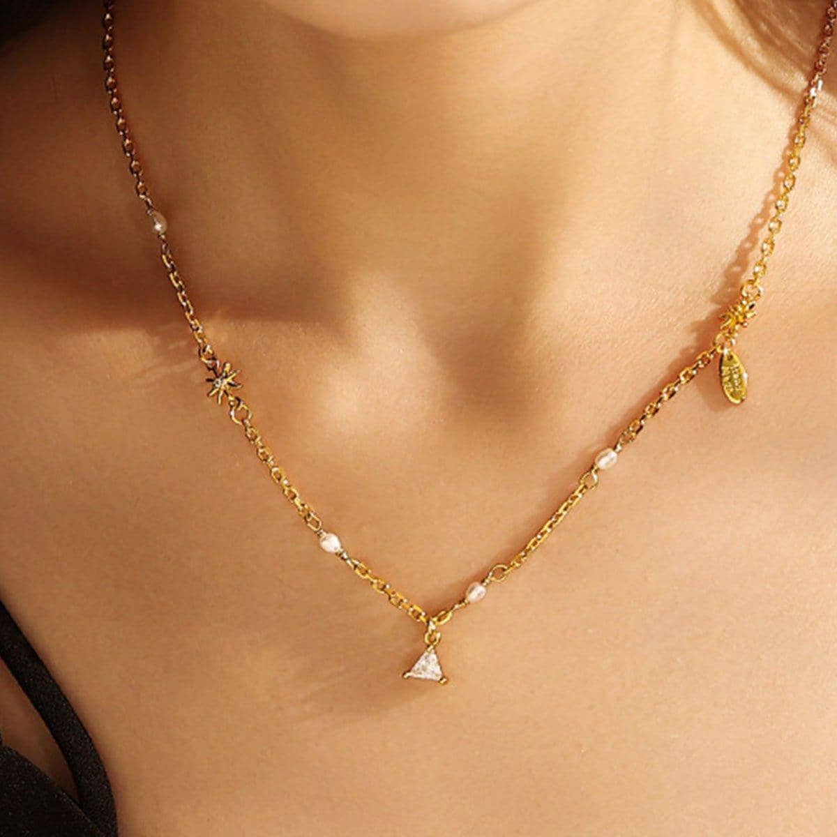 Six-Pointed Star Pendant Necklace with Pearl Accents for Women, Gold Tone - view 4