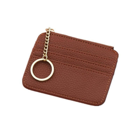 Slim Faux Leather Zip Coin and Card Wallet with Key Ring - Brown
