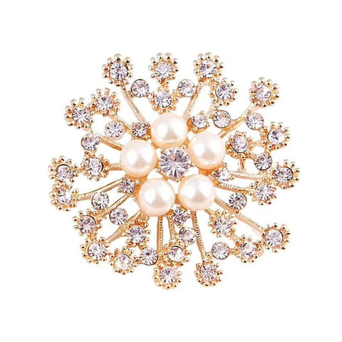 Snowflake Brooch with Imitation Pearls and Rhinestones - Gold