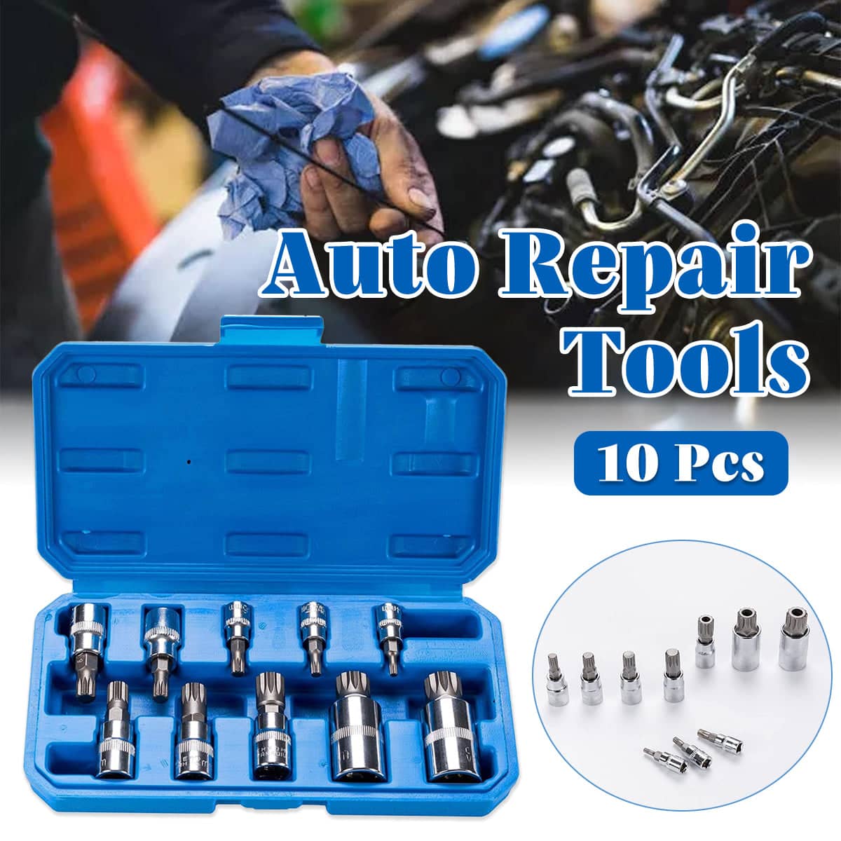 Socket Wrench Set 10 Piece Chrome Vanadium Auto Repair Tool Kit with Ratchet Driver