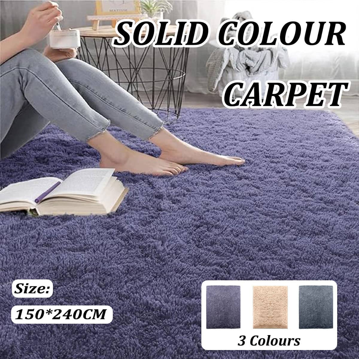 Solid Colour Living Room Carpet 150 x 240 cm, Soft Velvet Bedroom Floor Rug - Purple - view 2