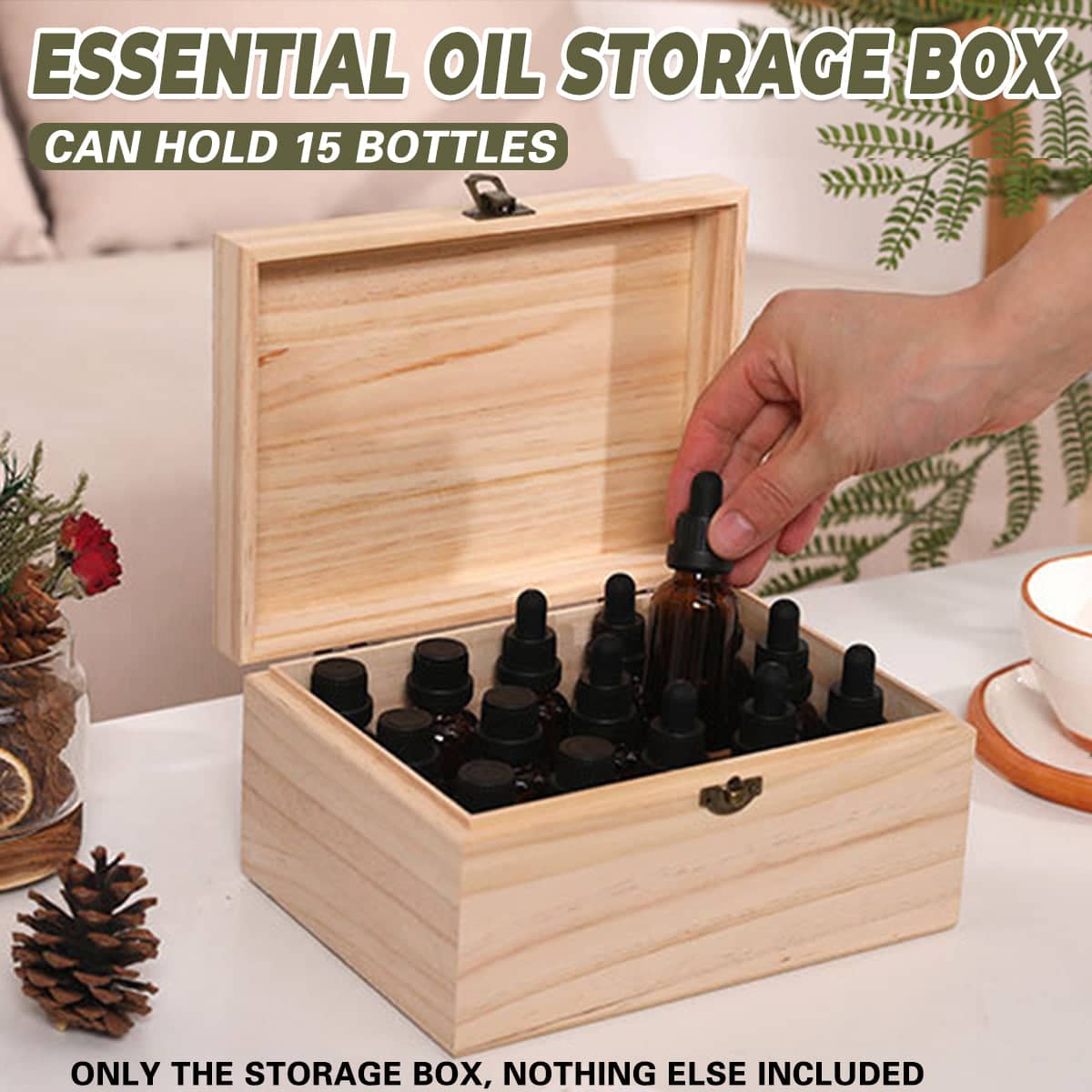 Solid Wood Essential Oil Storage Box, 15 Slots, Natural Wood