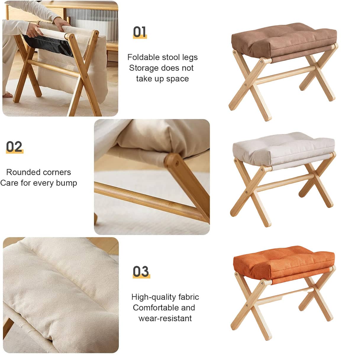 Solid Wood Foldable Foot Stool for Home Office and Bedroom, Portable Seat - Brown - view 5