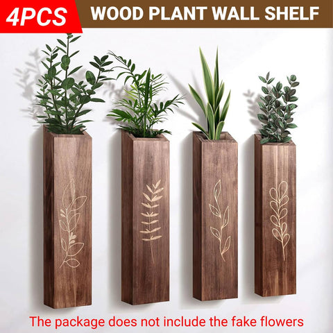 Solid Wood Plant Wall Shelves with Leaf Engraving, Pack of 4 Indoor Wall Decor