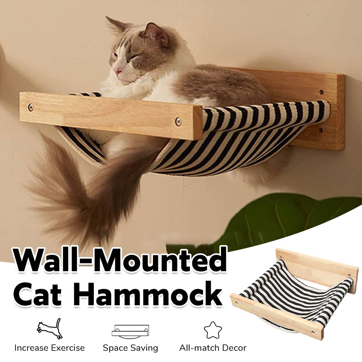 Solid Wood Wall Mounted Cat Hammock with Cotton Linen Bed for Indoor Cats and Kittens
