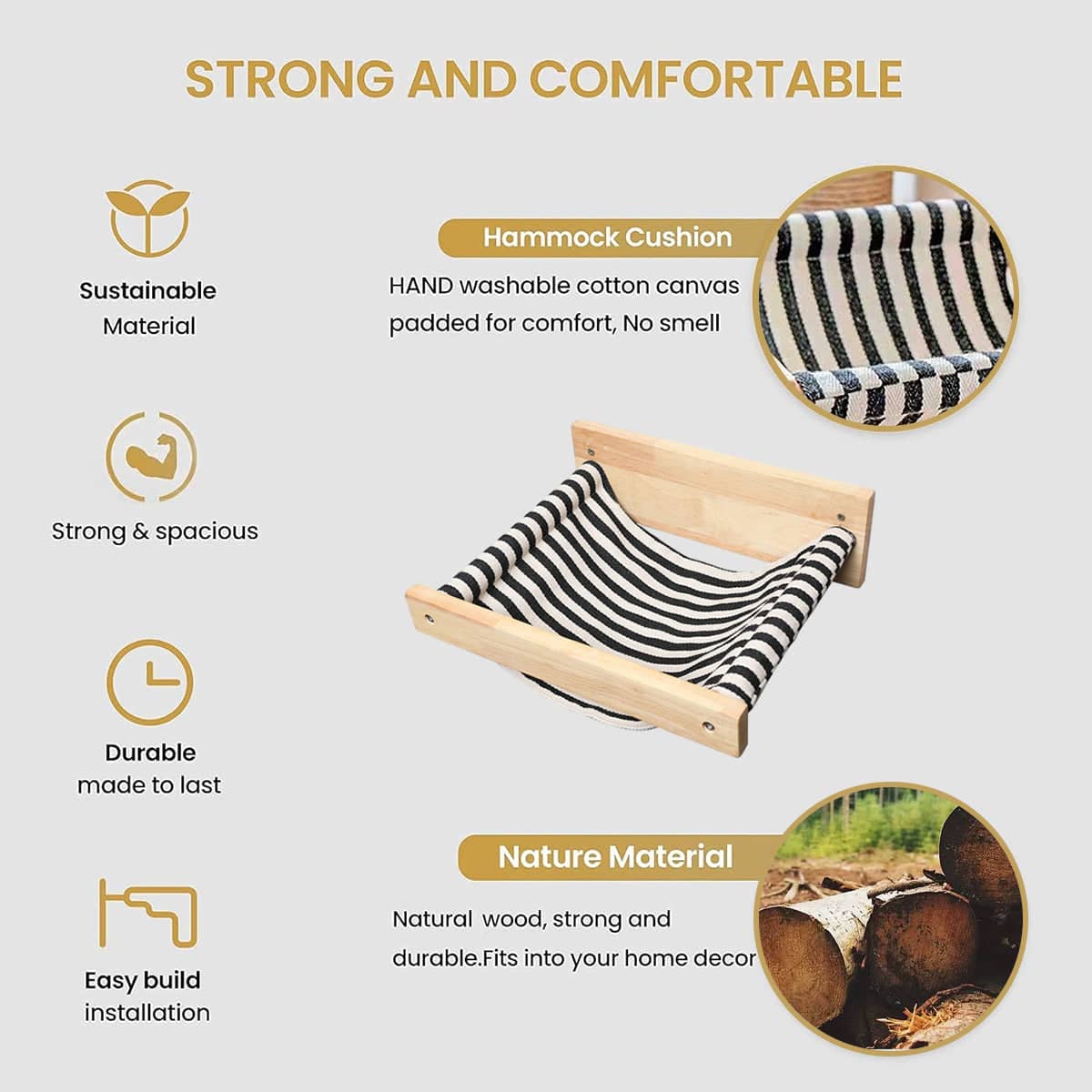 Solid Wood Wall Mounted Cat Hammock with Cotton Linen Bed for Indoor Cats and Kittens - view 4