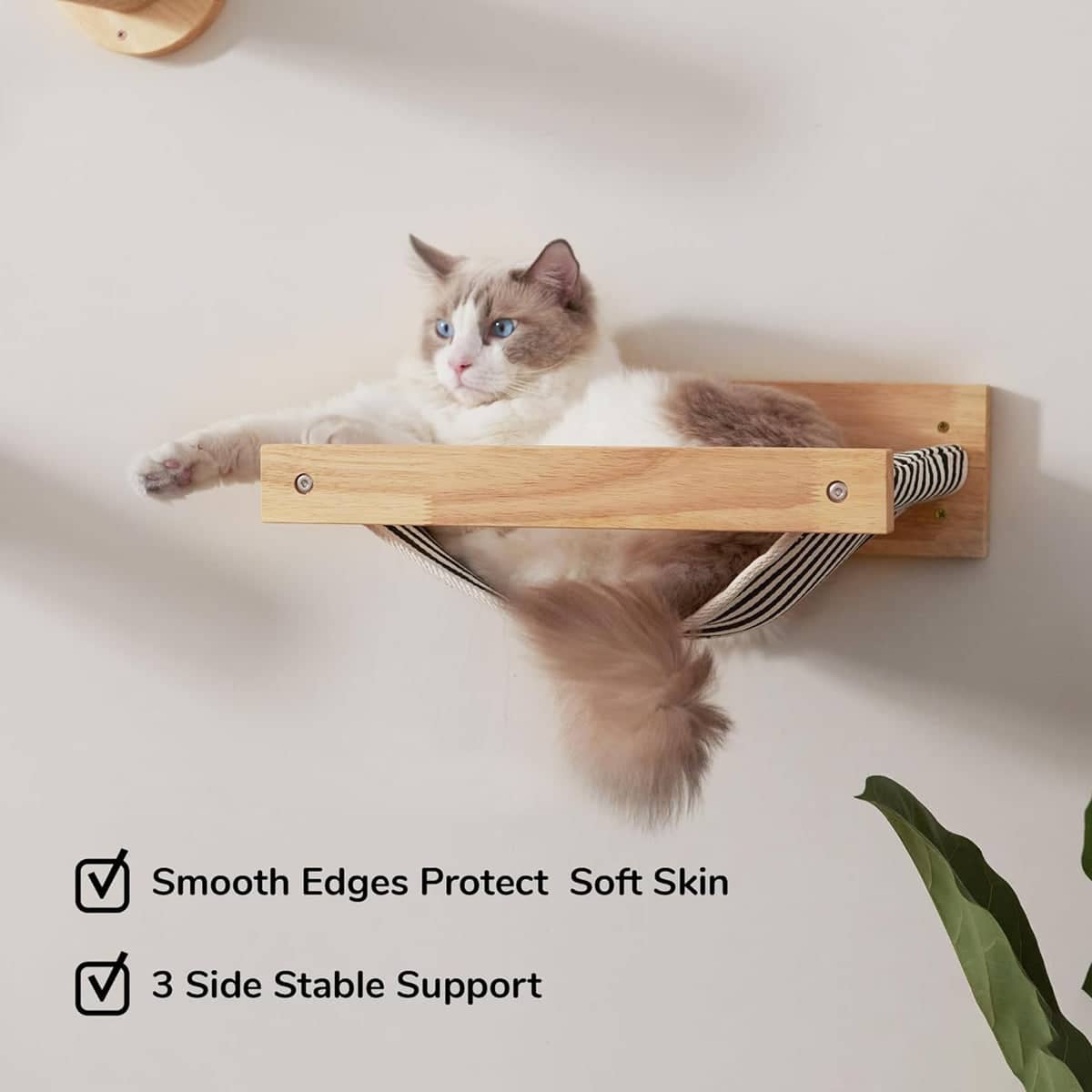 Solid Wood Wall Mounted Cat Hammock with Cotton Linen Bed for Indoor Cats and Kittens - view 5